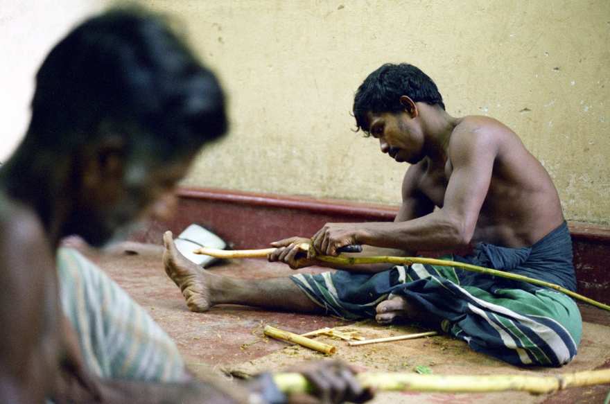 Cinnamon growers working with freshly peeled bark in Sri Lanka